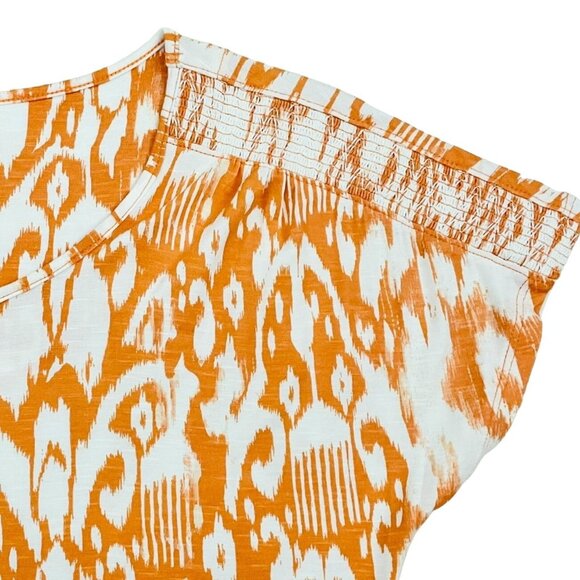Chicos Orange Ikat Abstract Print Knit Top Size XS w/ Details on Short Sleeves - Picture 3 of 8